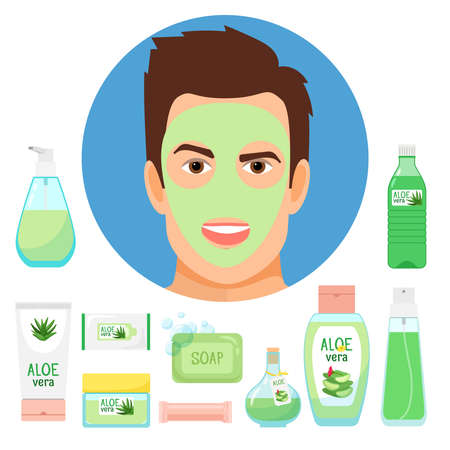 Male beauty treatments with organic aloe vera cosmetics. Vector aloe vera for male face, organic natural shampoo and soap illustrationのイラスト素材