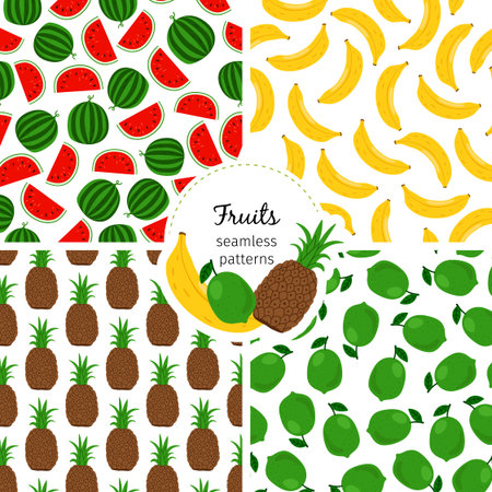 Seamless patterns with exotic fruits banana and pineapple. Seamless pineapple fruit pattern,...