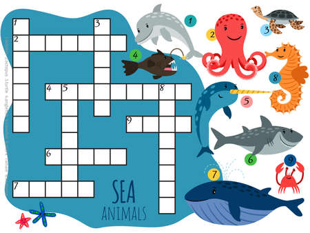 Vector sea animals crossword template with cartoon characters. Illustration ofのイラスト素材