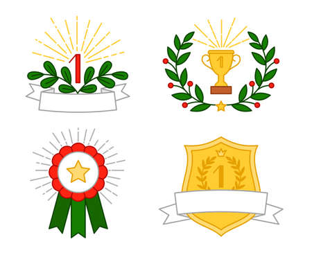 Awards colorful icons set. Vector prizez collection, luarel and cup isolated on white backgroundのイラスト素材