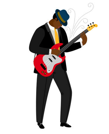 Jazz guitarist in hat with musical instrument. Vector jazz concert, instrument music guitarist illustrationのイラスト素材
