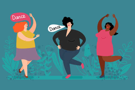 Happy plump women dance vector. Cute fatty ladies and plants illustration. Character plump woman, overweight dance peopleのイラスト素材