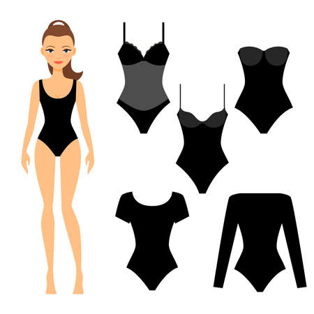 Woman black underwear. Beautiful girl lingerie with black fashion bodysuit and swimsuit vector set isolated on white backgroundのイラスト素材