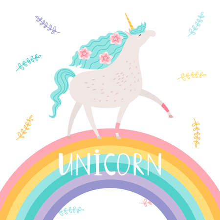 Cartoon unicorn with flowers and rainbow, vector printable card templateのイラスト素材