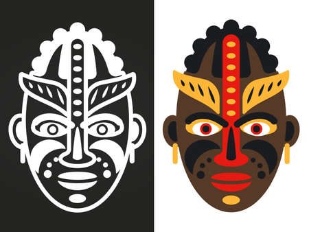 Colorful and white african tribal masks vector design. Illustration of mask ethnic, tribal face africanのイラスト素材