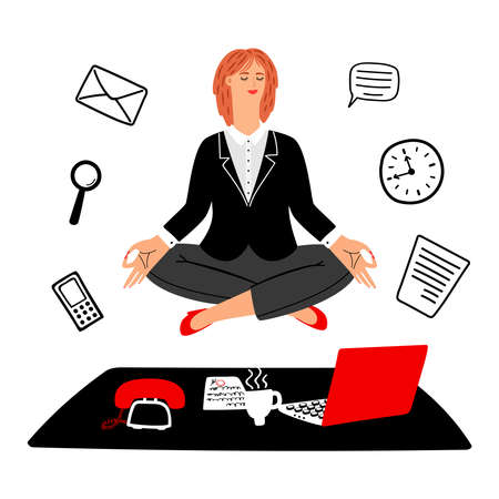 Work meditation vector concept. Businesswoman keeps calm on work place. Business woman meditation and calm illustrationのイラスト素材