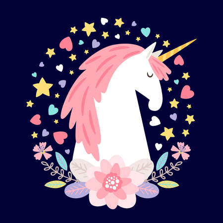 Vector cartoon character unicorn with flowers, hearts and stars. Illustration of unicorn portrait, head animal with star and heartのイラスト素材