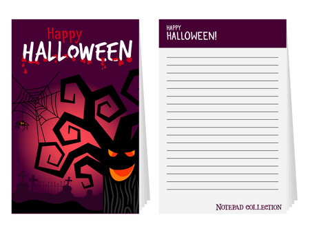 Halloween notepad collection. Notebook cover template with old angry tree silhouette, vector illustrationのイラスト素材