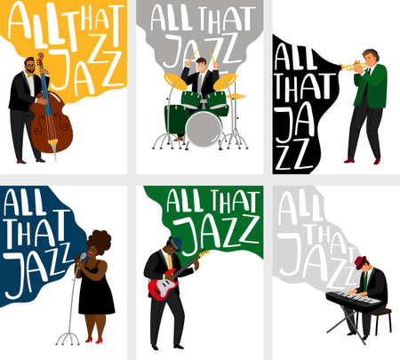 Jazz banners set with people and signs, on white background. Music vector cards setのイラスト素材