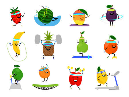Sport fruits characters. Funny fruit foods on sport exercises, fitness vitaminic human healthy nutrition vector illustrationのイラスト素材