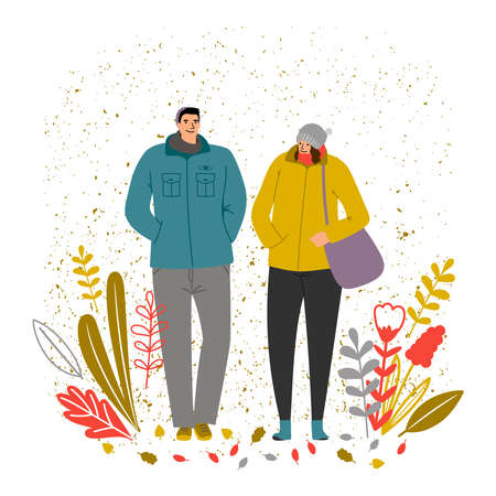 Autumn time vector illustration. Man and woman characters, autumn mood. Woman and man walk in autumn parkのイラスト素材