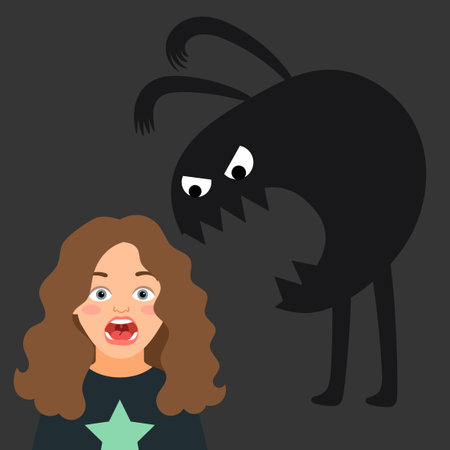 Scared girl, kids fear and monster silhouette vector illustration. Scared girl and monster ghostのイラスト素材