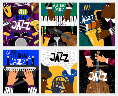 Jazz banners. Jazz music vector posters with musical instruments like saxophone and piano, double bass and drums for blues festivalのイラスト素材