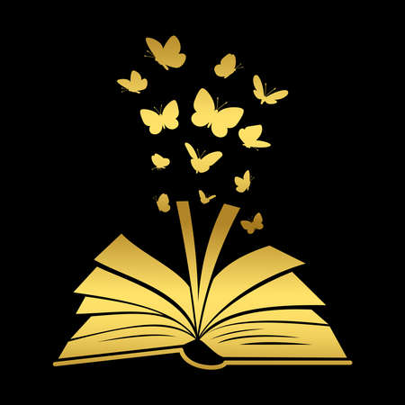 Open textbook with gold butterfly silhouettes above pages vector isolated on black backgroundのイラスト素材