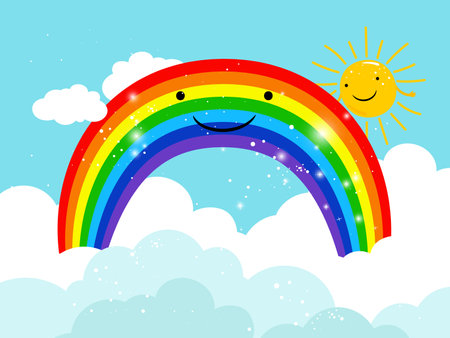 Rainbow in sky. Cartoon smiling rainbow in clouds with bright sun vector illustrationのイラスト素材