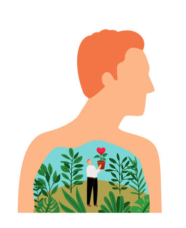 Loving man. Male person with flowers garden in heart, human beauty thinking about love, valentine happy mind concept, loving romantic emotion vector illustrationのイラスト素材