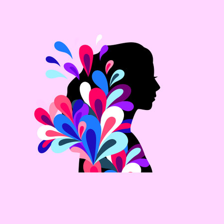 Colorful teenager profile. Color elegant young girl portrait silhouette, colour floral pretty female student person conceptual face, flowers ladies logo designのイラスト素材