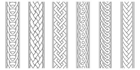 Braid borders. Abstract braids border set, religious knitted seamless ornaments, linear knitted striped decorative ropes vector graphics.のイラスト素材
