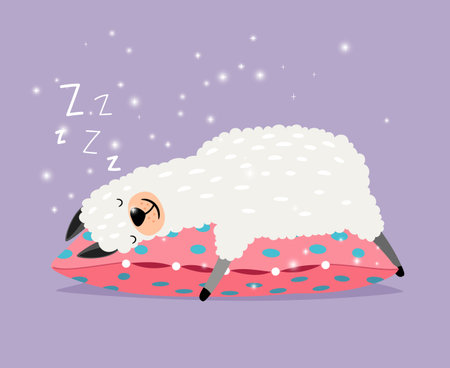 Sleeping alpaca. Cute lama love sleep on pillow, smiling llama character in sweer dreams, tired alpacka vector illustrationのイラスト素材