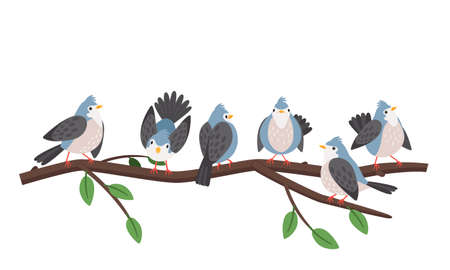 Spring branches birds. Blue bird set chirping and wings flapping on tree branch isolated on white, artistic titmouses on forest twig vector illustrationのイラスト素材