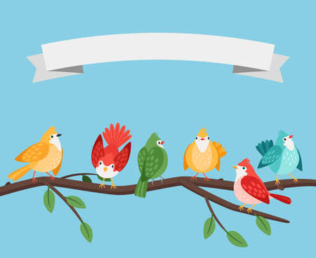 Birds on tree branch. Foliage branches bird set spring poster tenplate, robin canary sparrow tit goldfinch birdie on ramification children vector imageのイラスト素材
