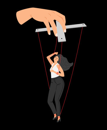 Woman marionette. Female puppet for abuse control toxic relationship manipulation concepts and girl power agitation, women employee manipulating moving behavior vector illustrationのイラスト素材