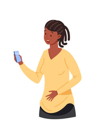 African woman with phone. Girl looking mobile message, vector illustrationのイラスト素材