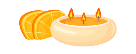 Candle in cup with oranges. Background for zen meditation, vector illustrationのイラスト素材
