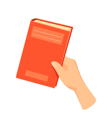 Boy holding book. Hand hold red paper children books from magazine, flat icon cartoon vector illustrationのイラスト素材