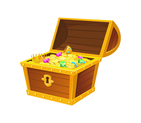 Chest with jewels. Treasures Scene with metal item stack for buy, vector illustrationのイラスト素材