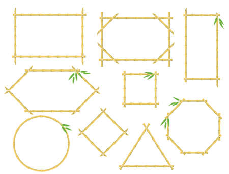 Bamboo frames. Japanese and chinese wooden stick signs, decorative banner borders, cartoon hawaiian signboard neat vector objectsのイラスト素材