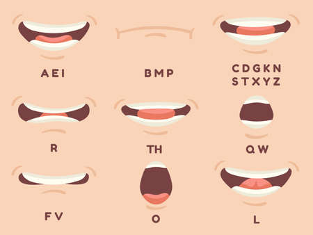 Talking mouth animation. Cartoon talk lip expersions, sync movement, Accent and pronunciation speak, human character mouthes pose smile letterのイラスト素材