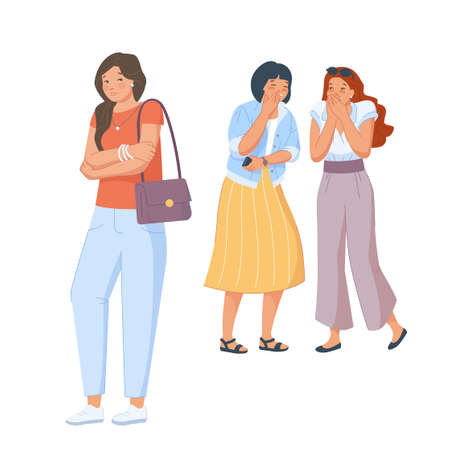 Giggle behind. Woman gossiping and laughing at girl, gossip rumors, rube behavior, bullying at school, cartoon upset character, swanky vector illustrationのイラスト素材