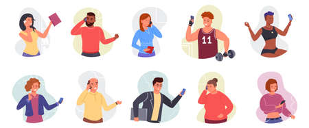 Person talk cellphone. People on phone business, family calling telephone, friend speak on mobile gadgets, man and woman smartphoneのイラスト素材