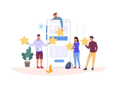 Customers giving five stars. Customer service review, clients feedback, success experience, satisfaction survey, client hand holding star, garish icon vector illustrationのイラスト素材