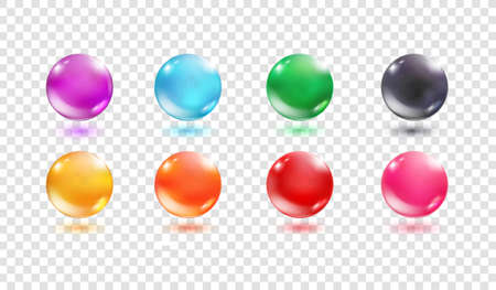 Colorful glass orbs. 3d sphere realistic transparent crystal ball, circle glossy bubble, translucent oil collagen water drop, bead color orange pink red blueのイラスト素材
