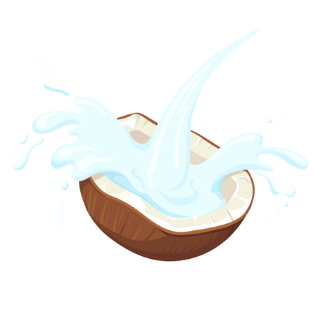 Half Coconut . Vector coco palm nut fruit with milk creamy splashes for fresh tropical drink yogurt or beauty cosmetic, cartoon design illustrationのイラスト素材