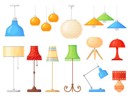 Cartoon lamps. Home interior floor and table torcheres with different lampshades, room illumination. Isolated furniture, neat decor vector setのイラスト素材