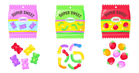 Jelly bears pack. Mix of gummy candies, marmalade colorful sweets for kids, sugar food, neat cartoon abstract vectorのイラスト素材