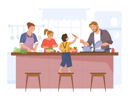 Happy family cooking. Mother, father and kids cook home dinner at kitchen table, culinary hobby, recipe meal, swanky flat vector illustrationのイラスト素材