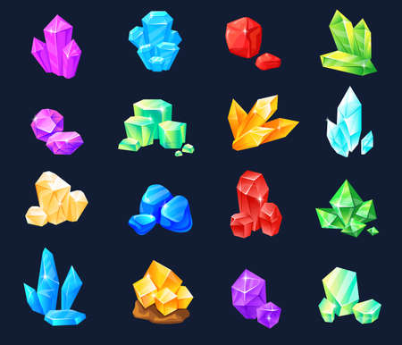 Cartoon crystal gems. Gemstone natural minerals, magic stones and rocks, mining treasure, diamond quartz emerald jewelry amethystのイラスト素材