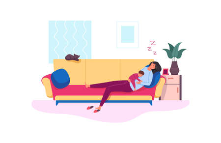 Exhausted mom. Parental stress, tired mother sleep with baby in sofa,vector illustrationのイラスト素材