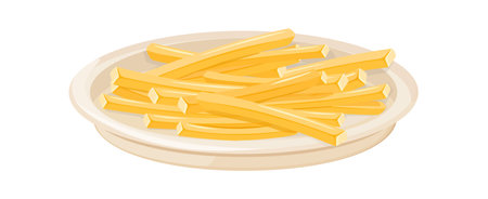 French fries on plate. Bowl of fried salty potatoes, crispy potato chips, cartoon vector illustrationのイラスト素材