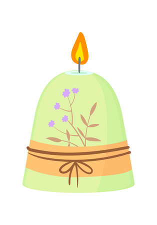 Green candle with flower. Doodle tealight for cozy house, vector illustrationのイラスト素材