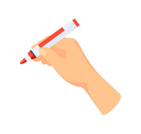 Hand writes with red highlighter. Marker in arm for text or autograph, cartoon vector illustrationのイラスト素材