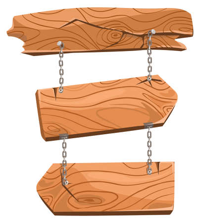 Hang signboards. Wooden arrows vector signs on chainsのイラスト素材