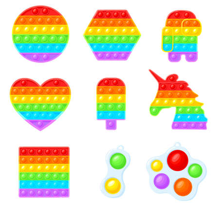 trendy silicone toys of different shapes and colors, neat cartoon set vector illustrationのイラスト素材