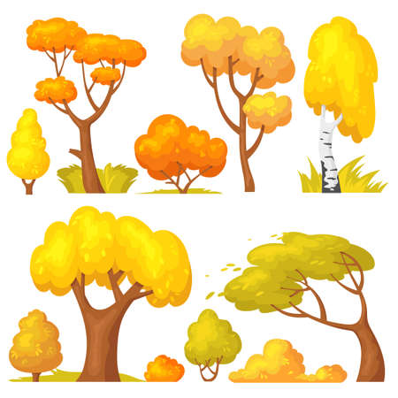 Autumn yellow bush. Cartoon seasons garden and forest trees in fall, season orange leaves, gold hedge foliage, maple leaves isolated neat vector illustrationのイラスト素材