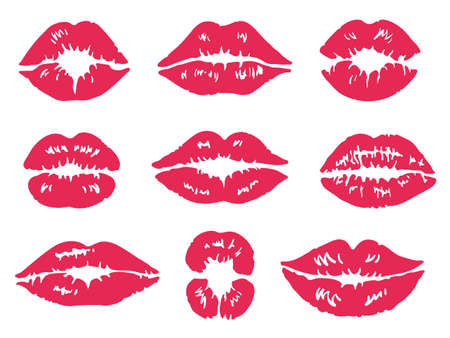 Lipstick kiss mark. Mouth and lips makeup, print lip, red female kisses, affair girl, isolated silhouette, marks love, set decent vector illustrationのイラスト素材