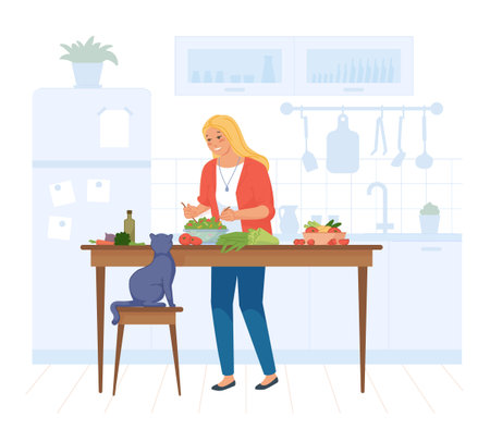 Woman cooking salad. Housewife cook eat home, vegan food, diet lunch, healthy meal, preparation kitchen table, swanky isolated vector illustrationのイラスト素材